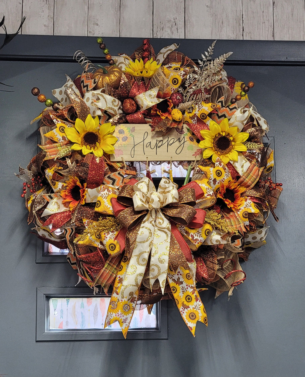 Happy Fall Sunflower & Pumpkin Deco Mesh Wreath – Handmade Fall Door Wreath