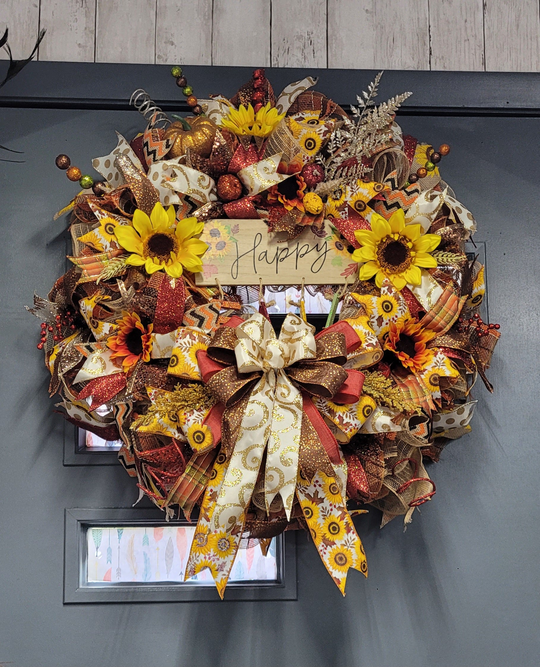 Happy Fall Sunflower & Pumpkin Deco Mesh Wreath – Handmade Fall Door Wreath