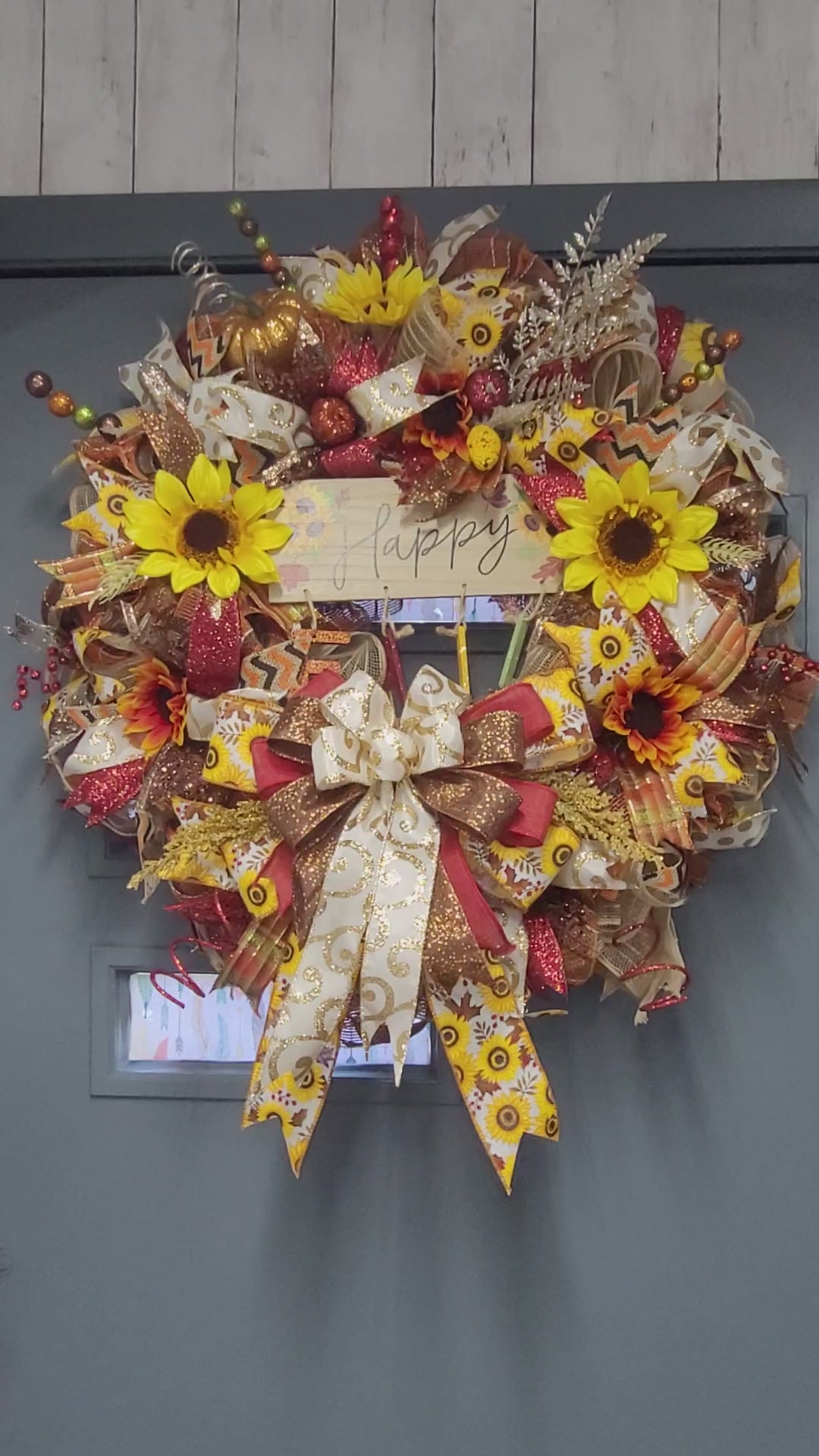 Happy Fall Sunflower & Pumpkin Deco Mesh Wreath – Handmade Fall Door Wreath