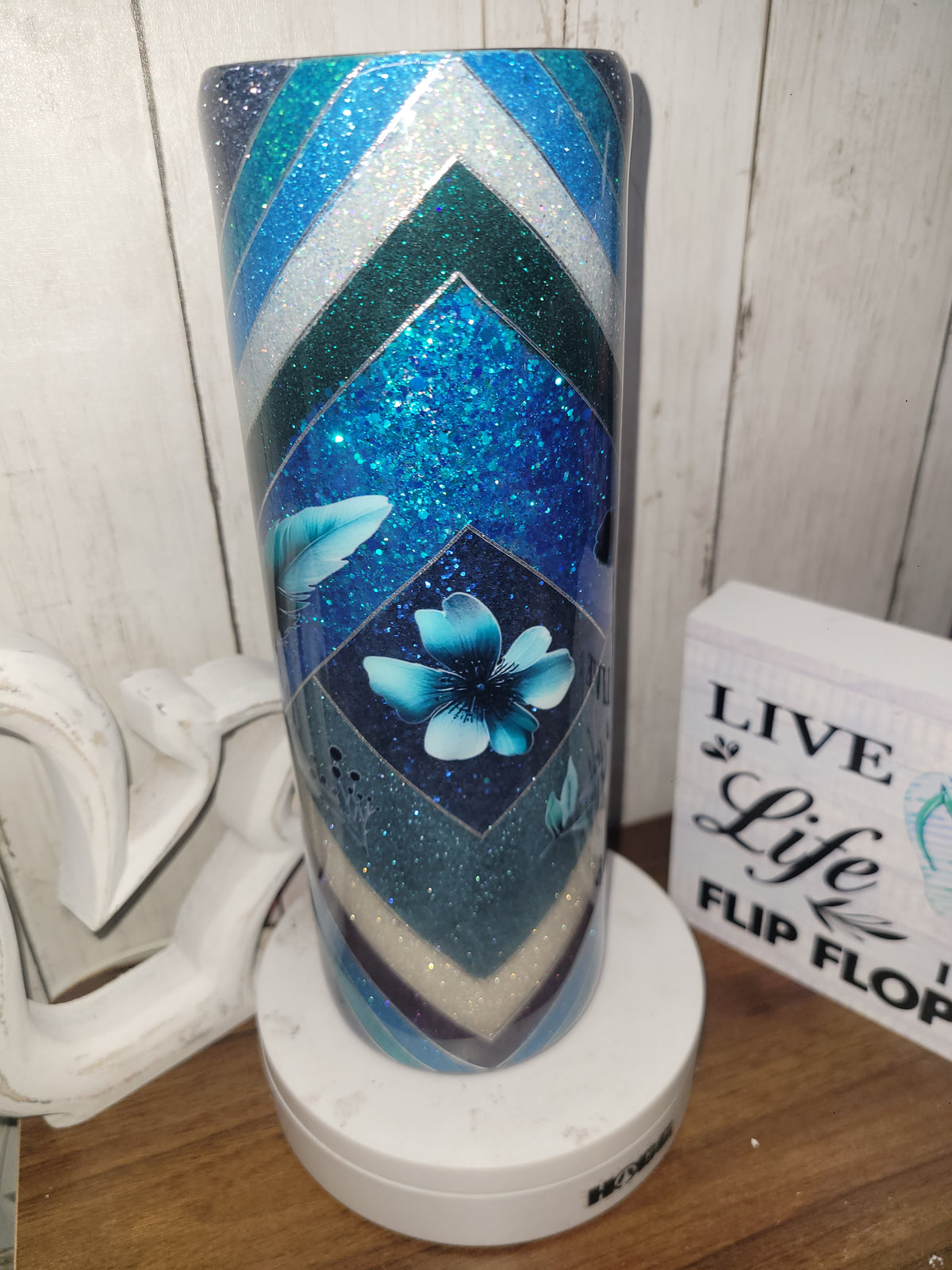 RTS 30 oz Blue Floral & Feather Glitter Tumbler | Skinny Straight Hogg