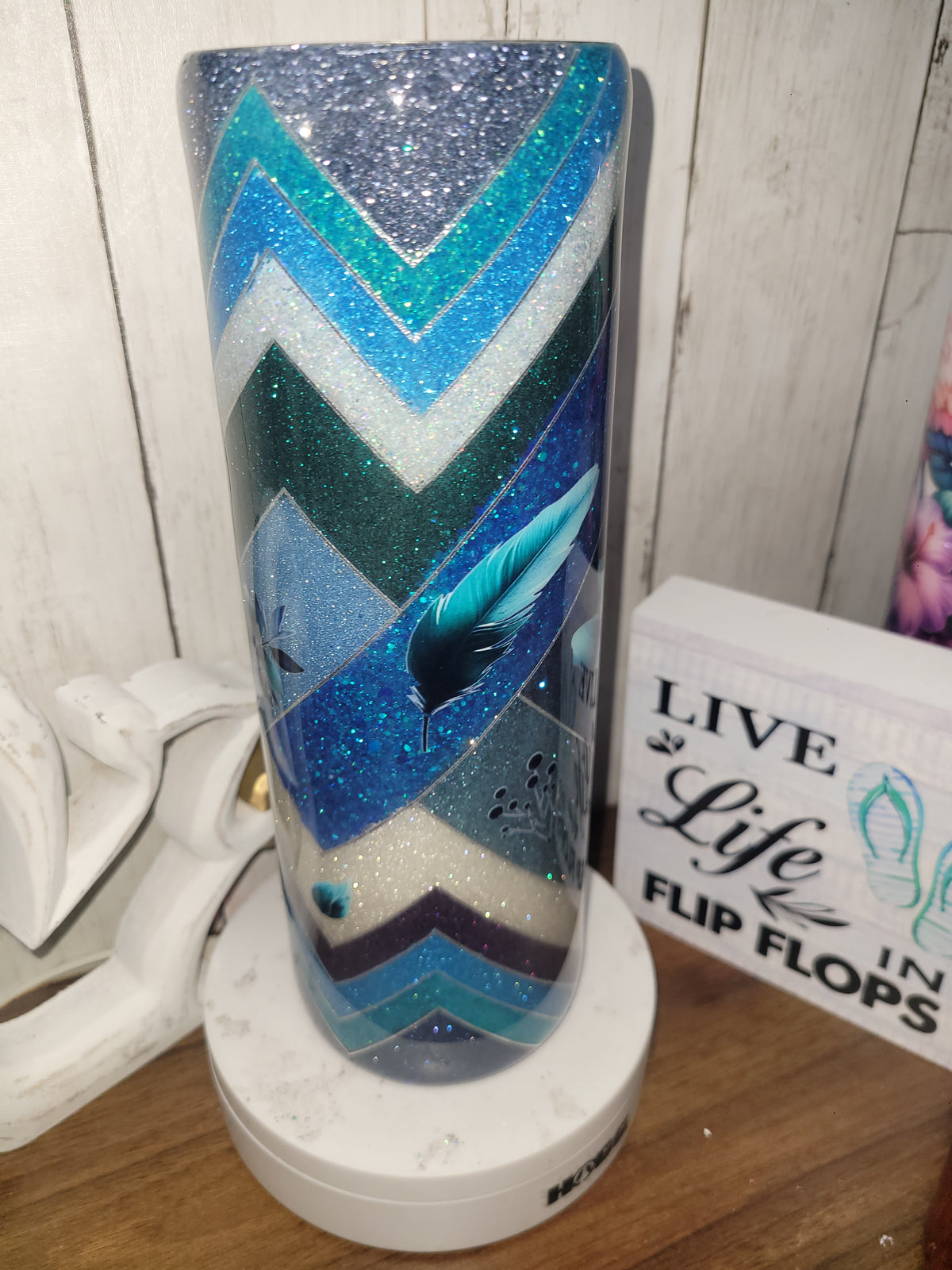RTS 30 oz Blue Floral & Feather Glitter Tumbler | Skinny Straight Hogg