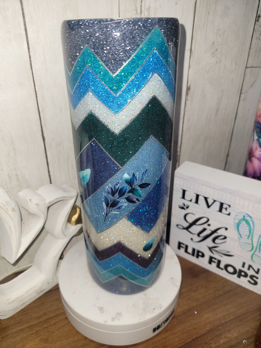 RTS 30 oz Blue Floral & Feather Glitter Tumbler | Skinny Straight Hogg