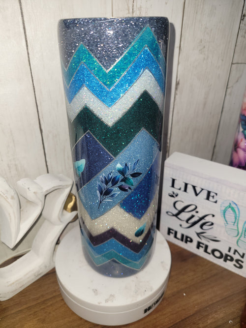 RTS 30 oz Blue Floral & Feather Glitter Tumbler | Skinny Straight Hogg