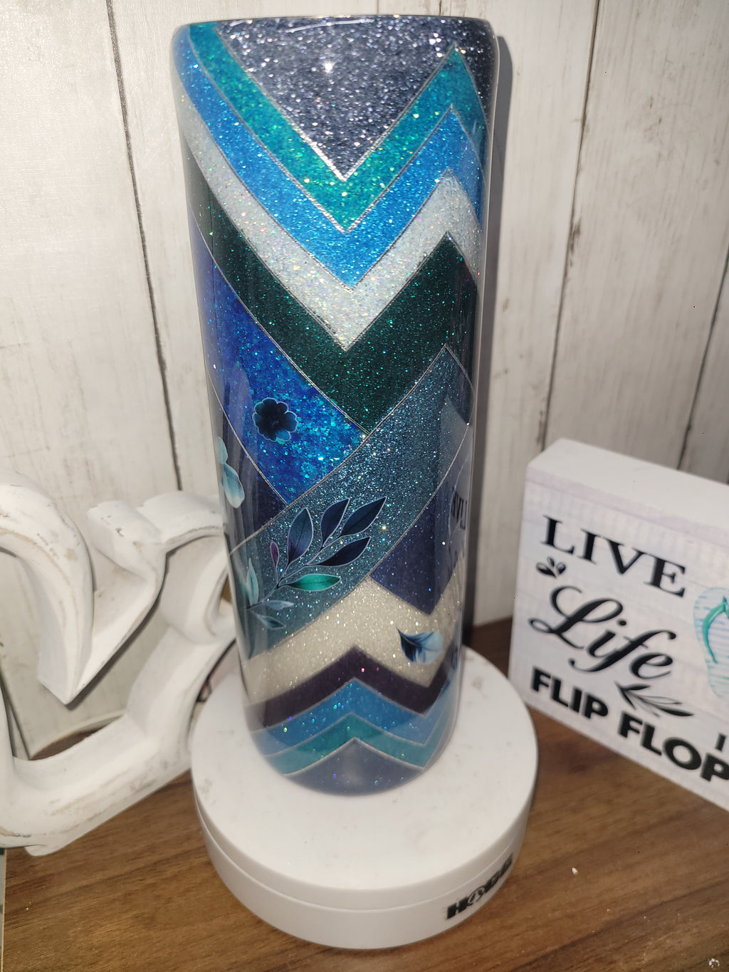 RTS 30 oz Blue Floral & Feather Glitter Tumbler | Skinny Straight Hogg