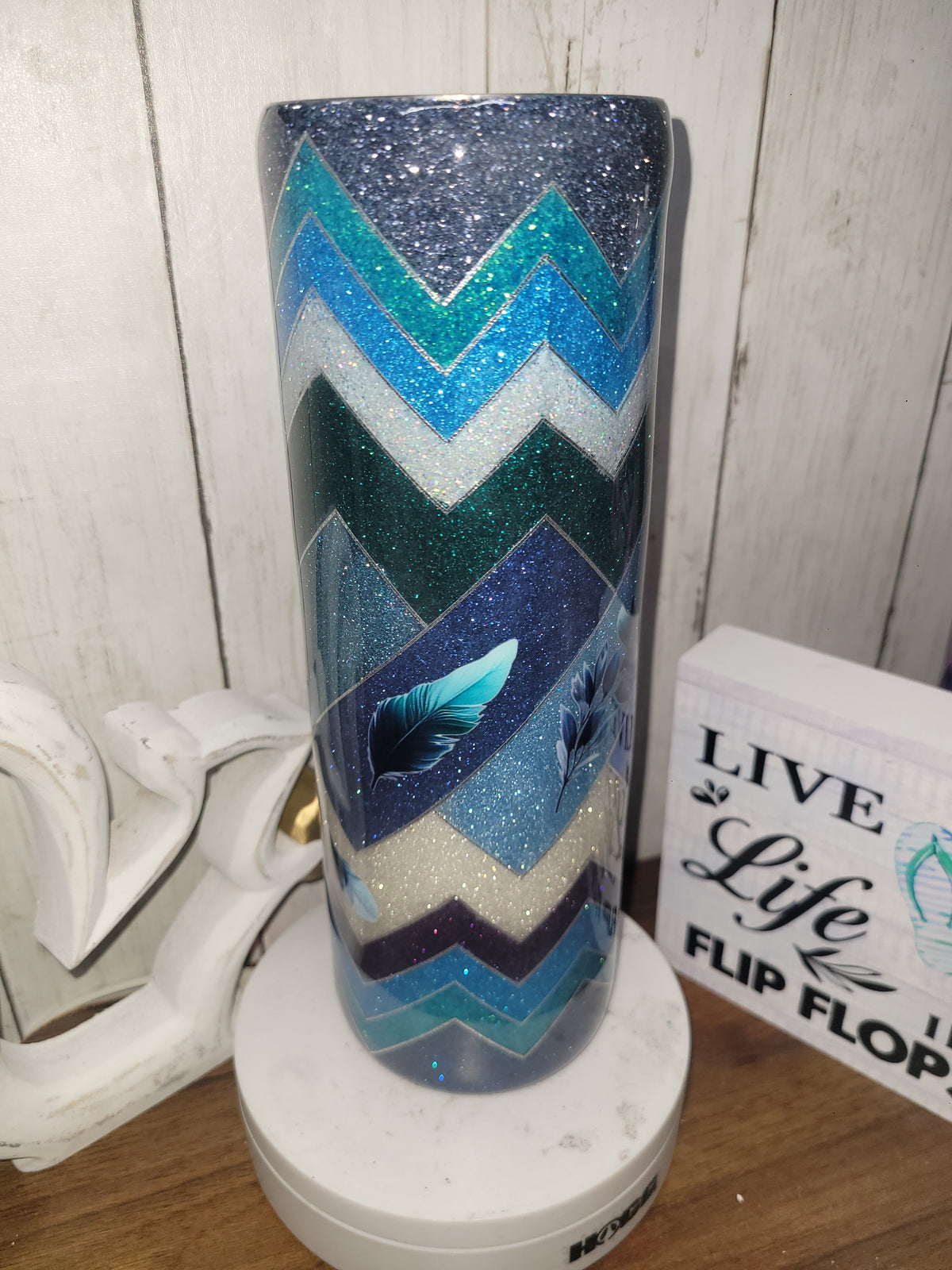 RTS 30 oz Blue Floral & Feather Glitter Tumbler | Skinny Straight Hogg