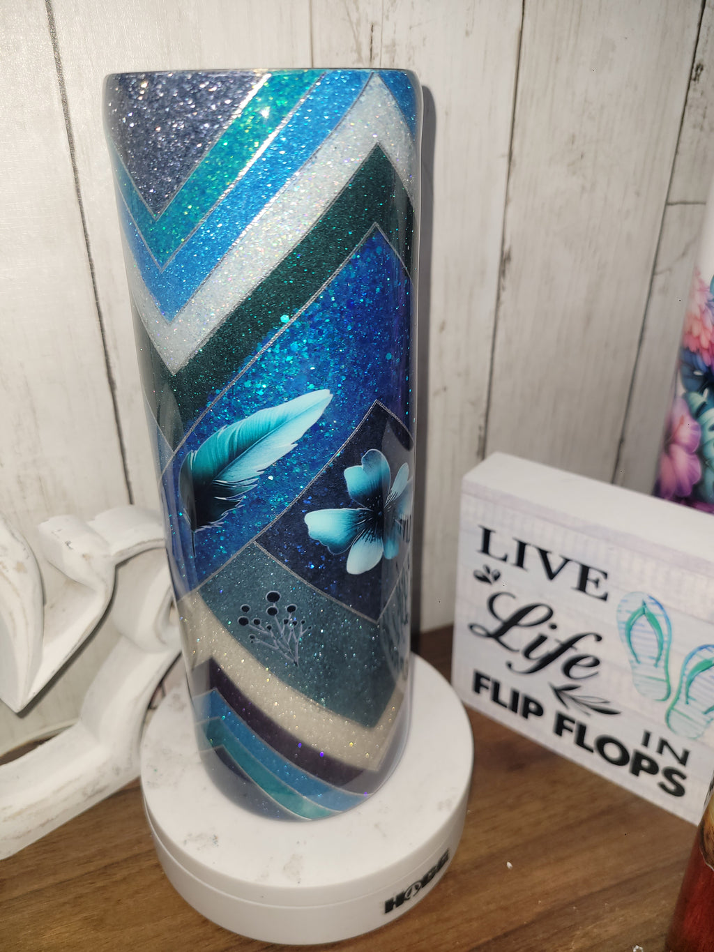 RTS 30 oz Blue Floral & Feather Glitter Tumbler | Skinny Straight Hogg
