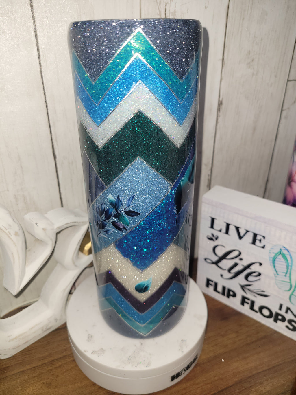 RTS 30 oz Blue Floral & Feather Glitter Tumbler | Skinny Straight Hogg